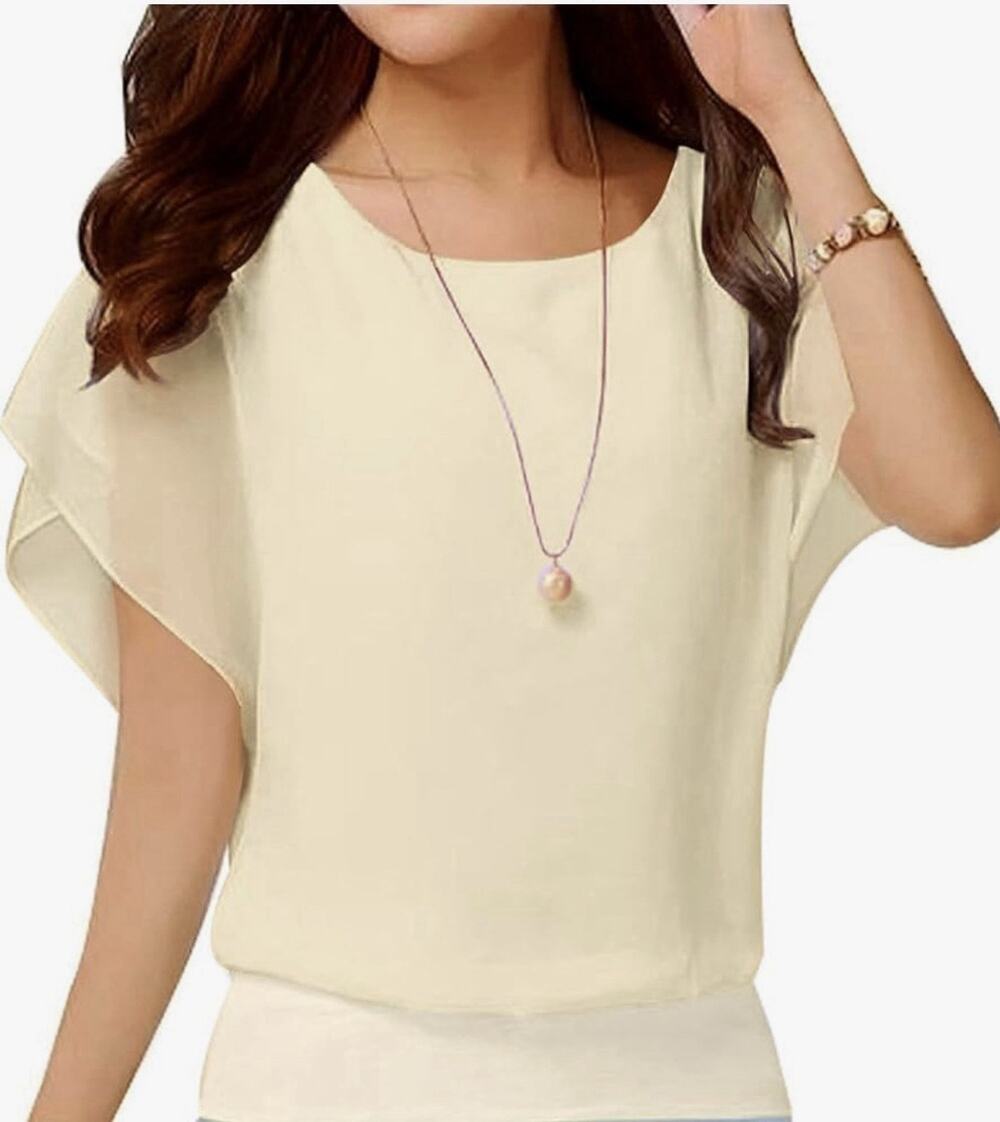 Neineiwu Women's Loose Casual Short Sleeve Chiffon Top Blouse Apricot L